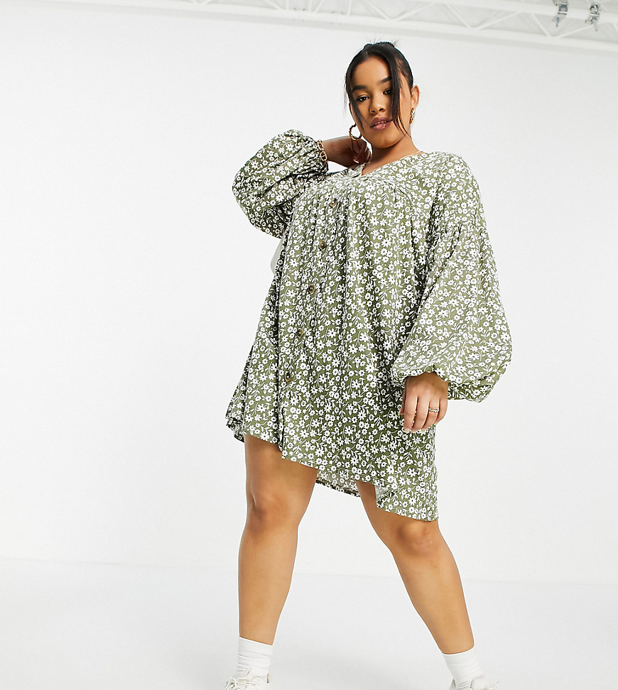 ASOS DESIGN Curve button through mini smock dress with long sleeves in sage floral print-Green