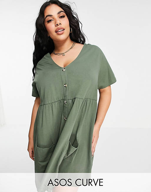 Dresses Curve button through mini smock dress with pockets in khaki 