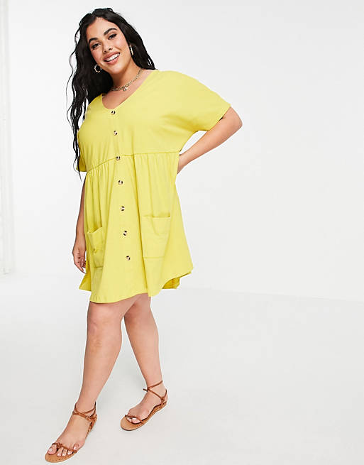 Dresses Curve button through mini smock dress with pockets in mustard 