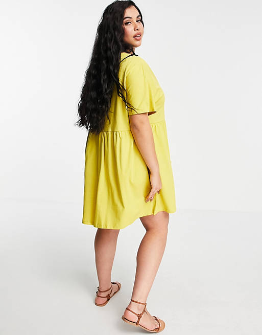 Dresses Curve button through mini smock dress with pockets in mustard 