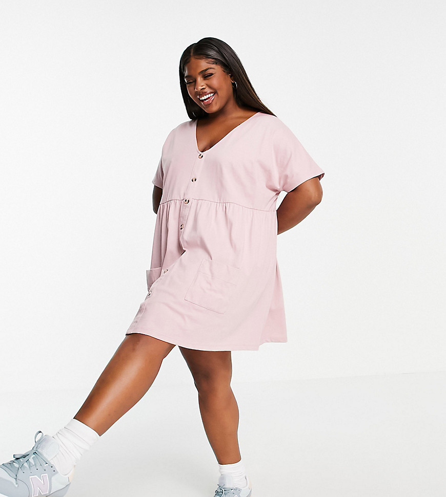 ASOS DESIGN Curve button through mini smock dress with pockets in rose-Pink