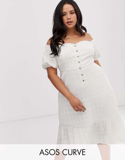 ASOS DESIGN Curve button through off shoulder midi dress in texture