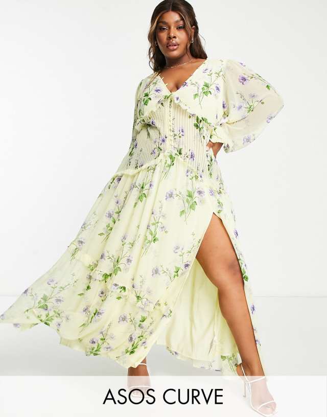 ASOS DESIGN Curve button through pintuck maxi dress in yellow floral print