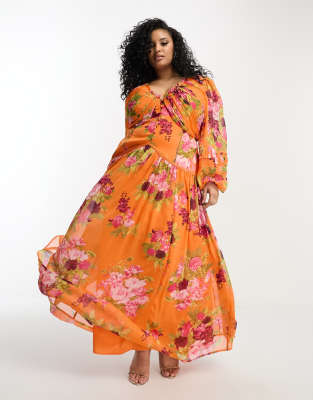 ASOS DESIGN Curve button through pintuck maxi dress with lace inserts in orange floral print