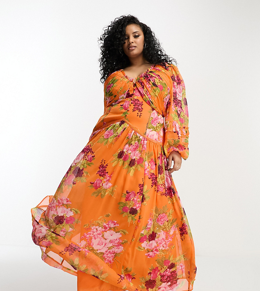 ASOS DESIGN Curve button through pintuck maxi dress with lace inserts in orange floral print-Multi