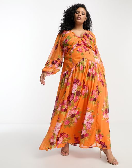 ASOS DESIGN Curve button through pintuck maxi dress with lace