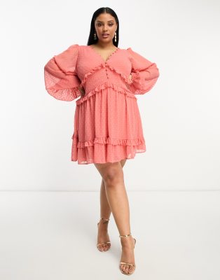 Asos Design Curve Button Through Pintuck Mini Dobby Dress In Deep Rose-Pink