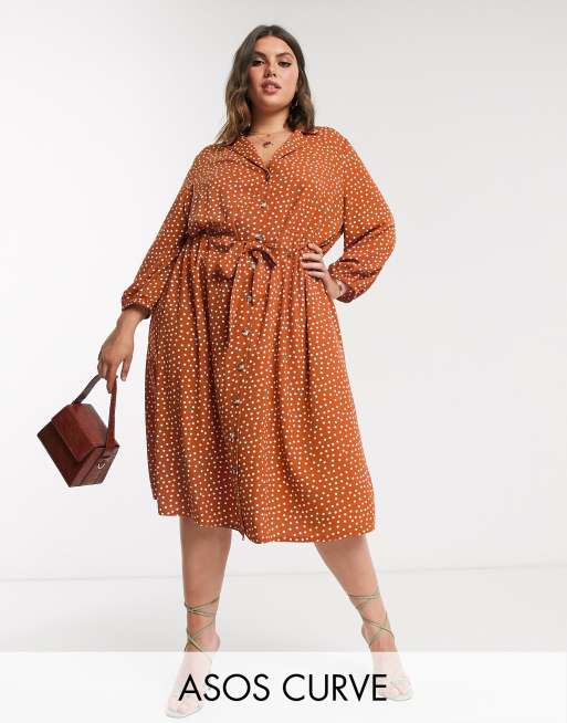 ASOS DESIGN Curve button through ruched waist midi dress in rust spot ...