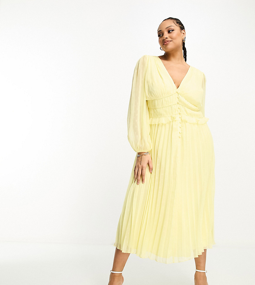 ASOS DESIGN Curve button through ruched waist pleated midi dress in metallic dobby in pastel yellow