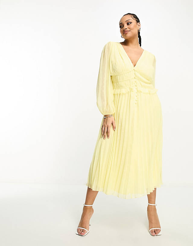 ASOS Curve - ASOS DESIGN Curve button through ruched waist pleated midi dress in metallic dobby in pastel yellow