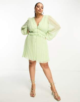 Asos Design Curve Button Through Ruched Waist Pleated Mini Dress In Metallic Dobby In Apple Green