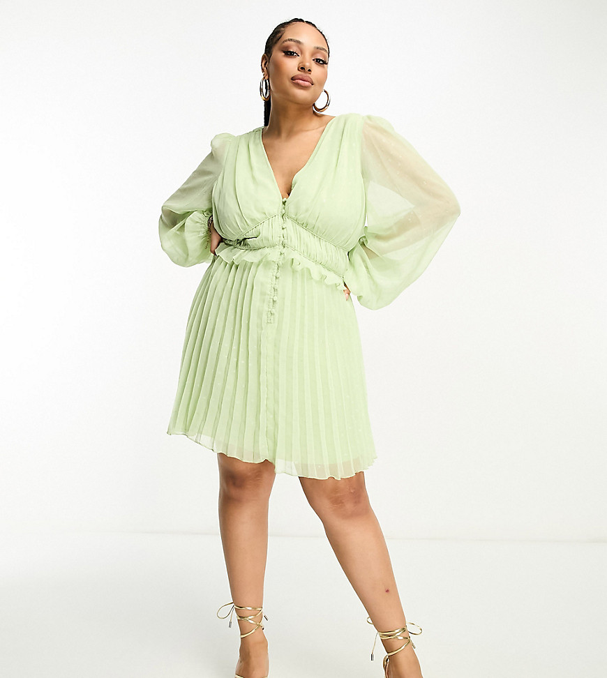 Asos Curve Asos Design Curve Button Through Ruched Waist Pleated Mini Dress In Metallic Texture In Apple Green