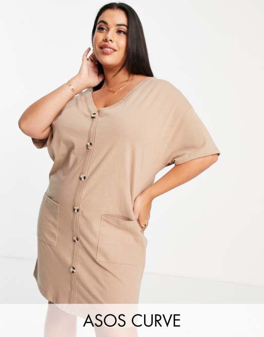 ASOS DESIGN Curve button through T-shirt dress in natural