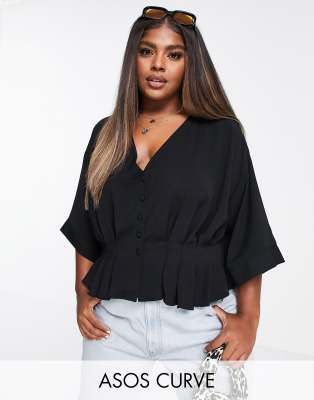 ASOS DESIGN Curve button through tea blouse in black