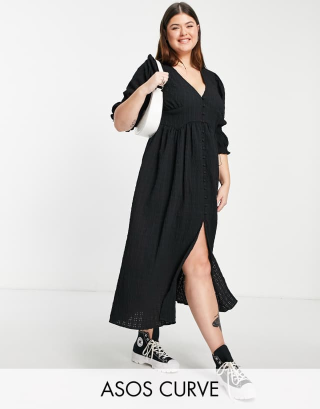 ASOS DESIGN Curve button through textured midi tea dress in black