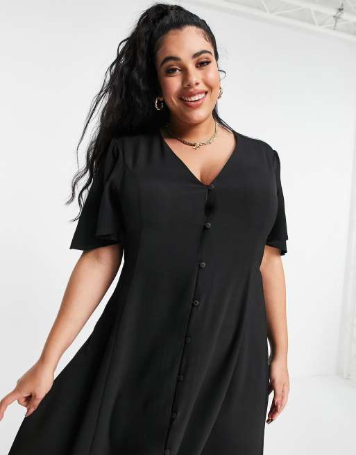 ASOS DESIGN Curve button through tie back midi tea dress with angel sleeve  in black