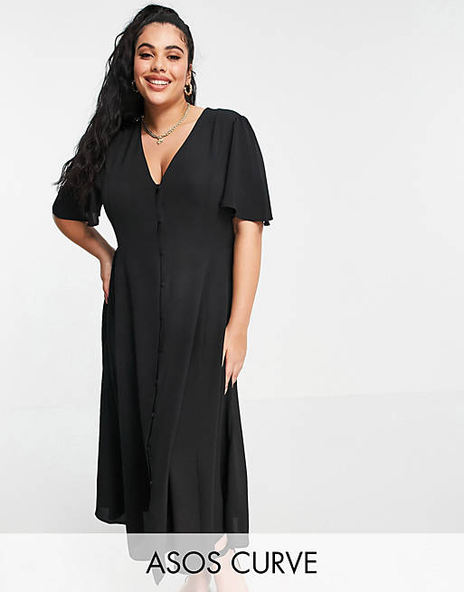 ASOS DESIGN Curve button through tie back midi tea dress with angel sleeve in black