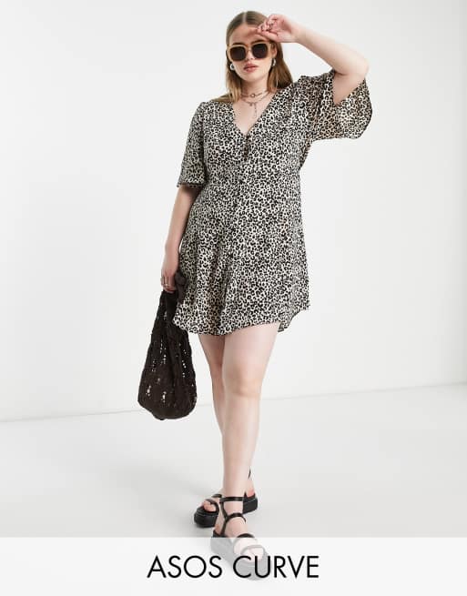 ASOS DESIGN Curve button through tie back mini tea dress with angel sleeve in animal print