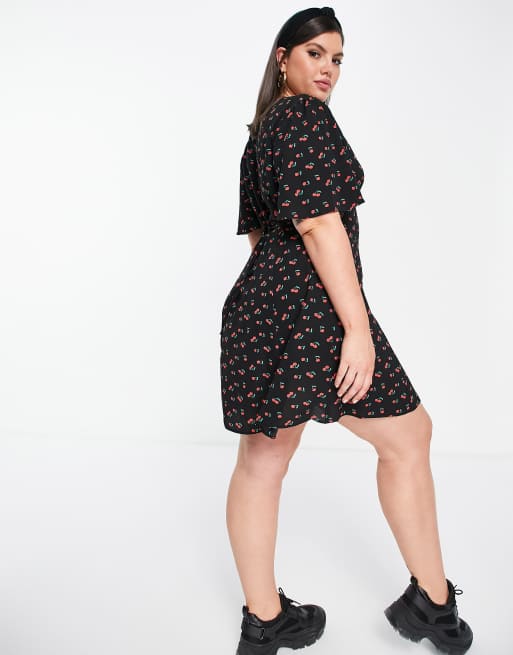 ASOS DESIGN Curve button-through tie back mini tea dress with angel sleeve in cherry print, 2 of 4