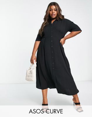 Asos Design Curve Button Through Waist Midi Shirt Dress In Black