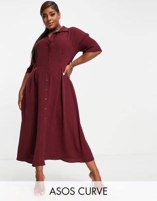 ASOS DESIGN Curve button through waist midi shirt dress in oxblood