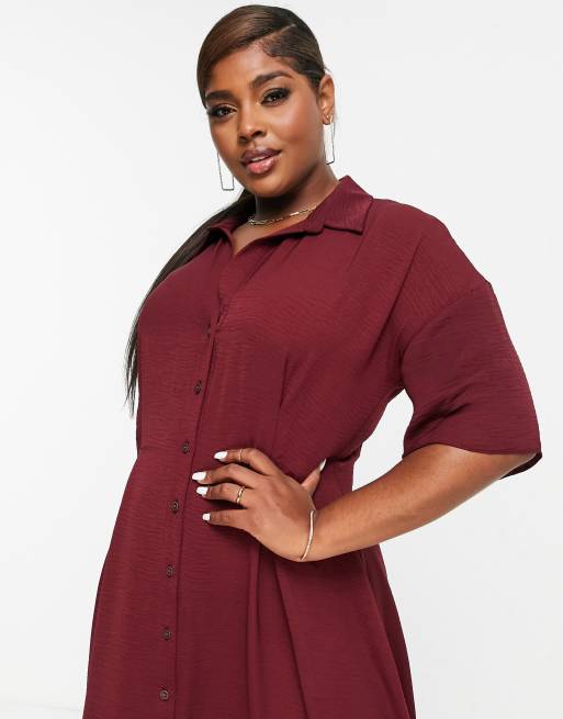 ASOS DESIGN Curve button through waist midi shirt dress in oxblood, 3 of 4