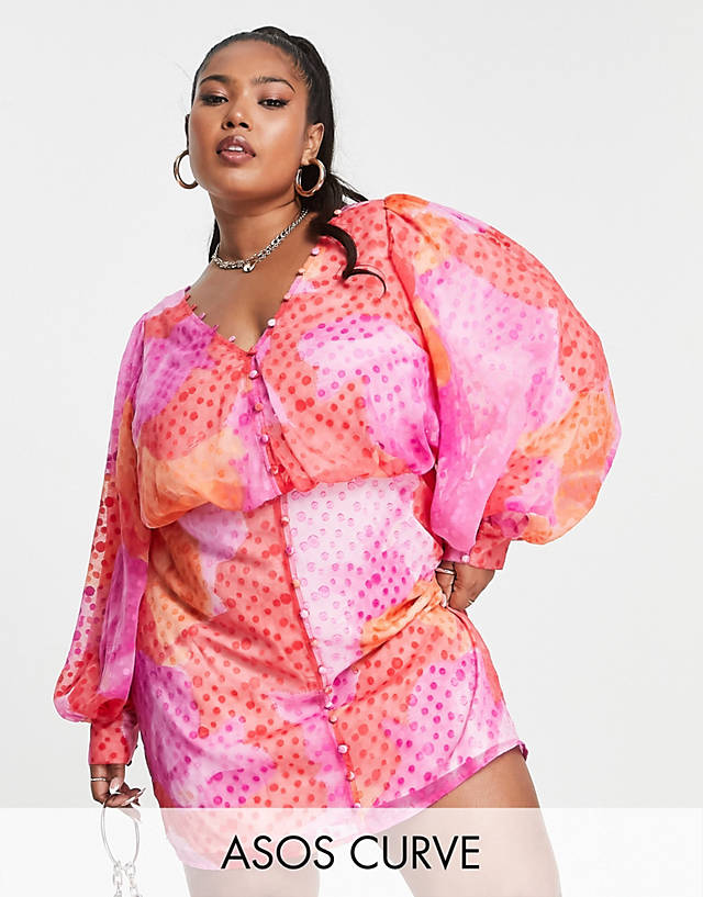 ASOS DESIGN Curve button up mini dress with blouson sleeve in bright textured abstract print