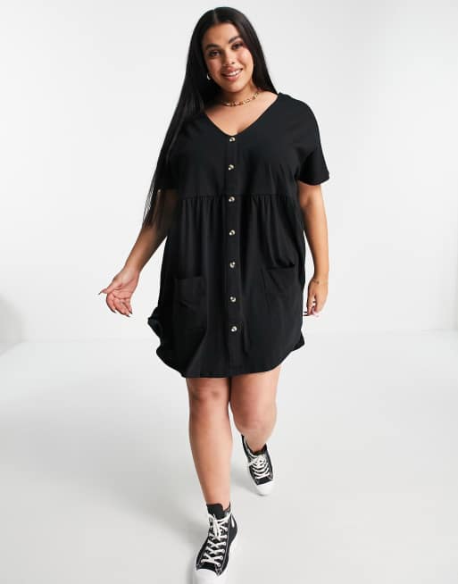 ASOS DESIGN Curve button up mini smock dress with pockets in black