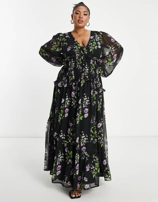 ASOS DESIGN Curve button up pintuck maxi dress in black floral print