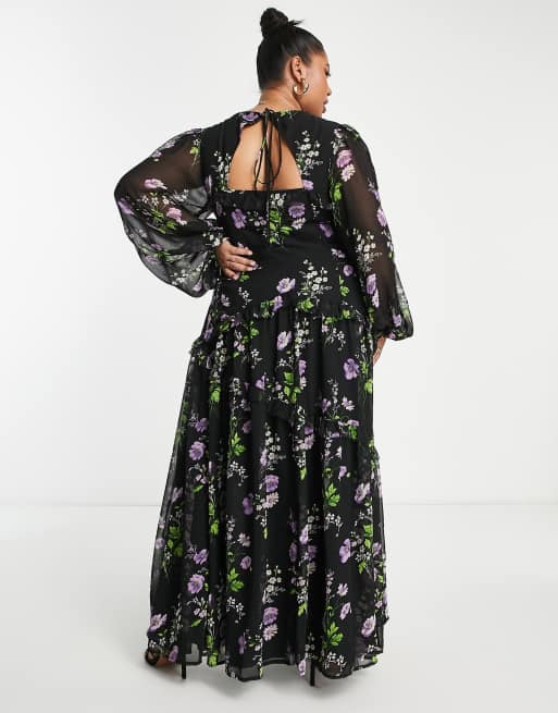 ASOS DESIGN Curve button up pintuck maxi dress in black floral print, 2 of 4