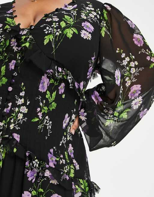 ASOS DESIGN Curve button up pintuck maxi dress in black floral print, 3 of 4
