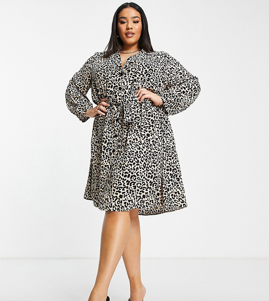 ASOS DESIGN Curve button up ruched waist mini dress in natural animal-Multi