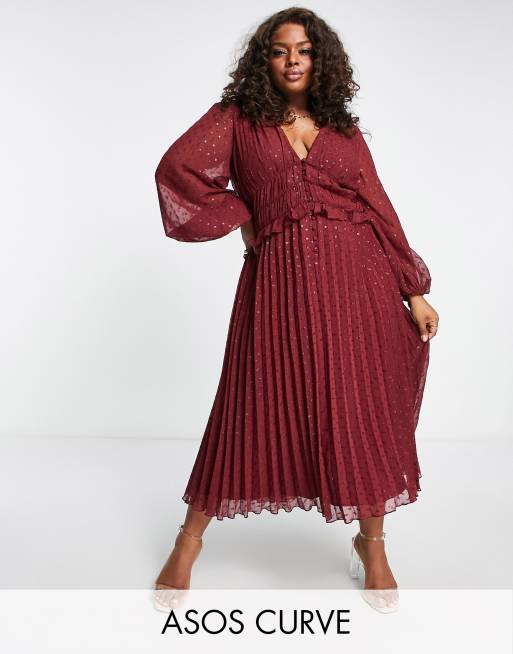 ASOS DESIGN Curve button up ruched waist pleated midi dress in metallic  textured fabric in deep red