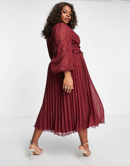 ASOS DESIGN Curve button up ruched waist pleated midi dress in metallic textured fabric in deep red, 3 of 4