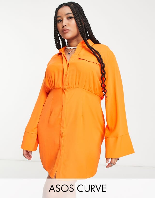 ASOS DESIGN Curve button up waisted mini shirt dress in orange