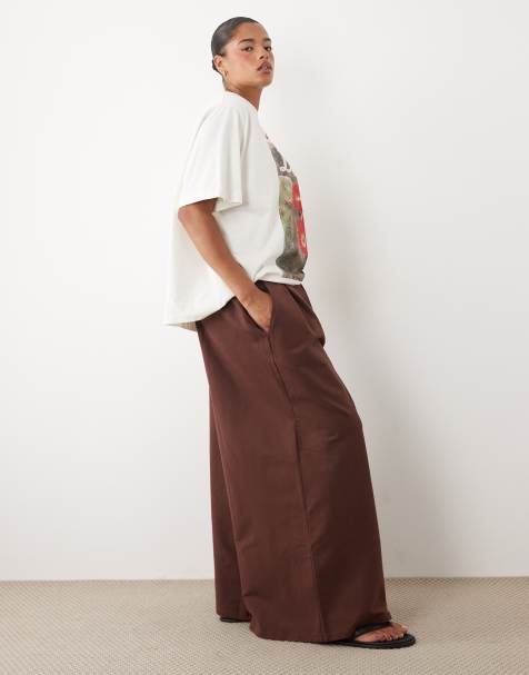 ASOS DESIGN Curve byxor i bomullstwill med vida ben i chokladbrun - view 1