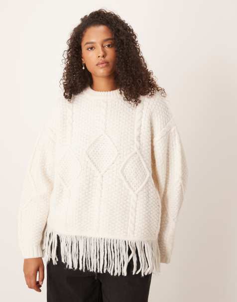 ASOS DESIGN Curve cable knit crew neck fringe jumper in cream - view 1