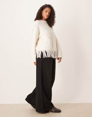 Asos Curve Asos Design Curve Cable Knit Crew Neck Fringed Sweater In White