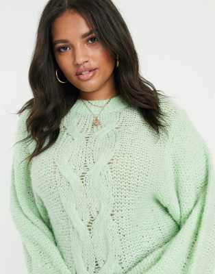 asos design cable knit mini dress with volume sleeve