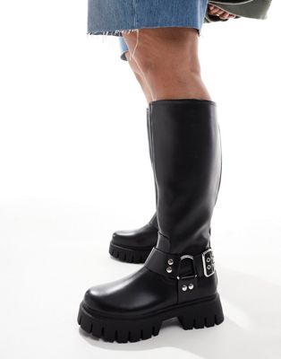 ASOS DESIGN Curve Cady knee high harness biker boots in black