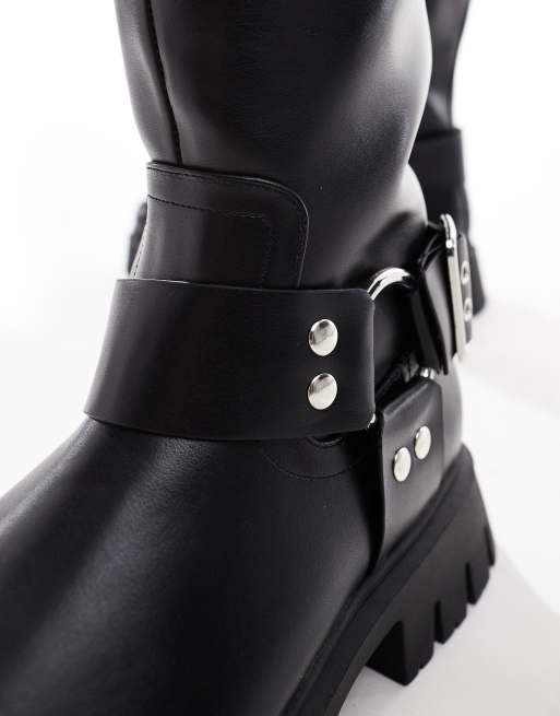 ASOS DESIGN Curve Cady knee high harness biker boots in black