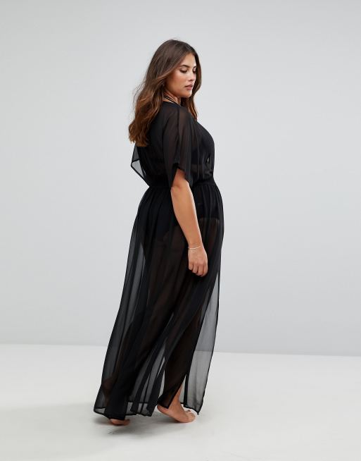 ASOS DESIGN Curve Caftan long de plage en mousseline avec taille froncee