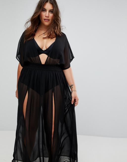 ASOS DESIGN Curve Caftan long de plage en mousseline avec taille froncee