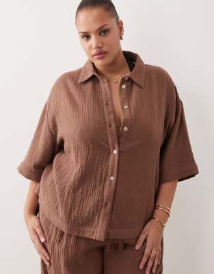 Asos Curve Asos Design Curve Callie Beach Cheesecloth Resort Short Sleeve Shirt In Brown