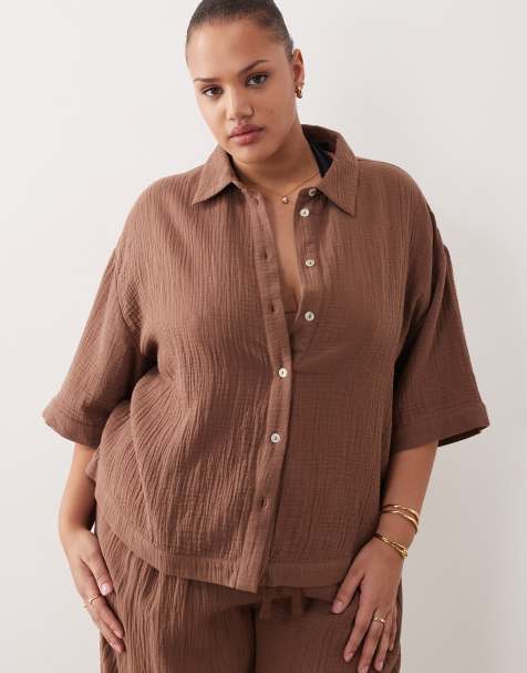 ASOS DESIGN Curve Callie beach cheesecloth resort short sleeve shirt in mocha - view 1