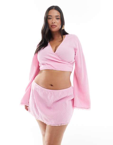 ASOS DESIGN Curve Callie cheesecloth beach set in pink - view 1