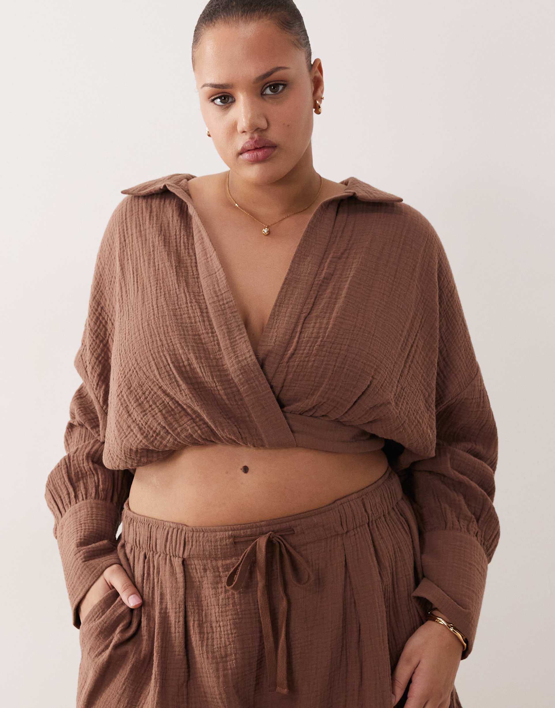asos design curve callie cheesecloth beach wrap front shirt in mocha - part of a set