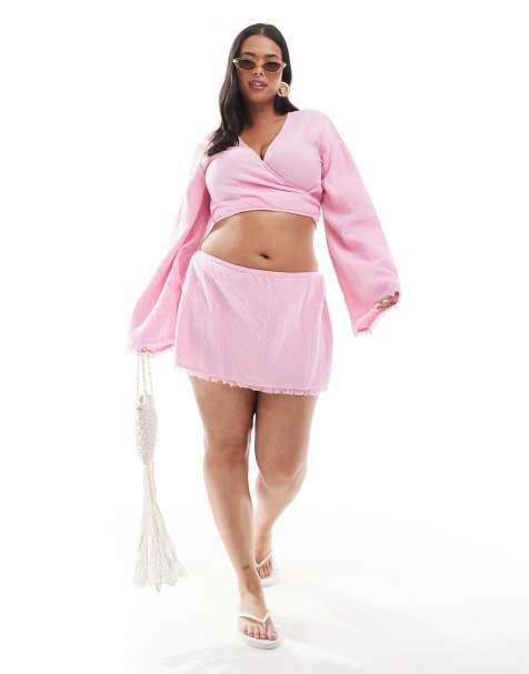 ASOS DESIGN Curve Callie cheesecloth frayed beach skirt in pink - view 1