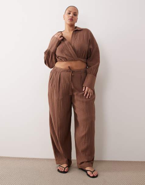 ASOS DESIGN Curve - Callie - Pantalon de plage bouffant en gaze - Moka - view 1