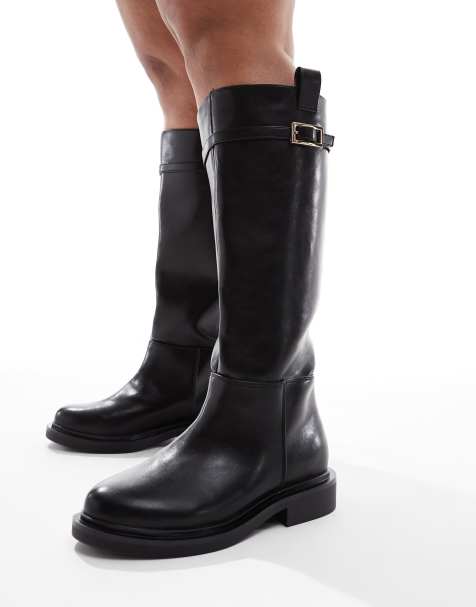 ASOS DESIGN Curve Callie smart flat riding knee boots in black - view 1
